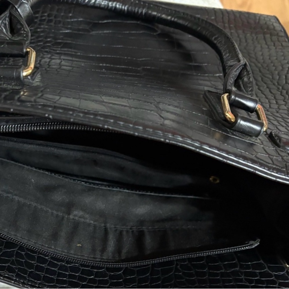 Black Croc-Embossed Shoulder Tote with Gold Accent - Picture 9 of 11